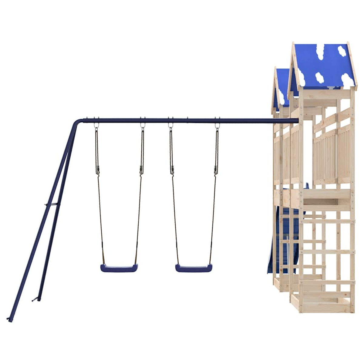 Holzspielturm mit blauen Dächern und Schaukeln an einem blauen Metallgestell.