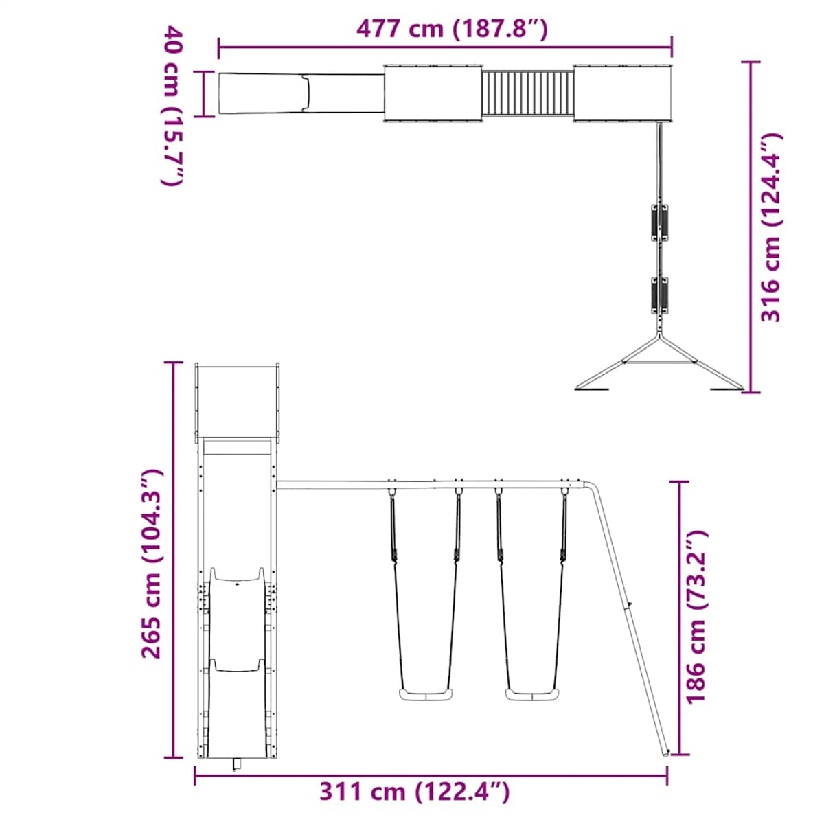 Planimetria di una struttura giochi con scivolo e altalene. Dimensioni indicate.