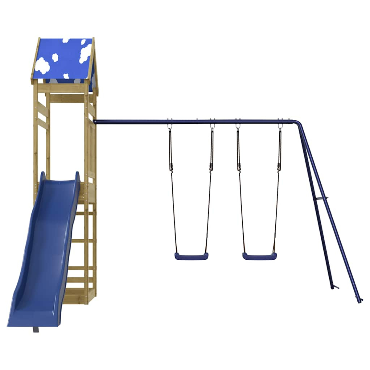 Casetta da gioco in legno con scivolo blu e due altalene, sfondo bianco.