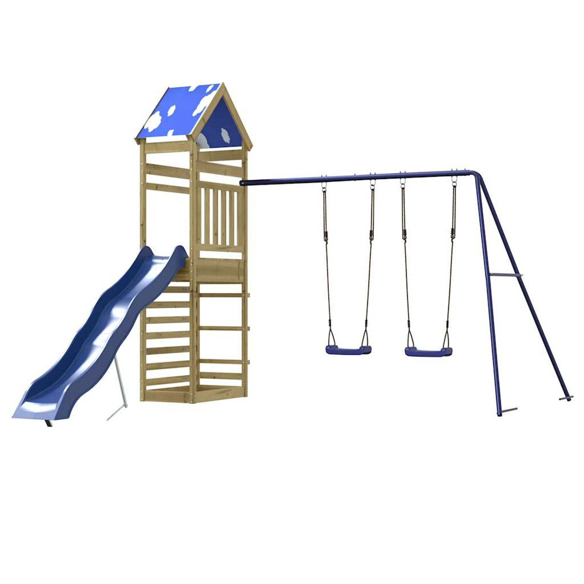 Un parco giochi in legno con scivolo blu, tetto blu con nuvole bianche e un'altalena in metallo blu con due altalene.
