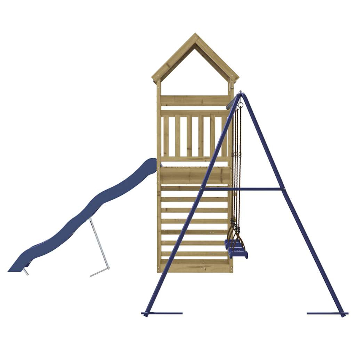 Torre da gioco in legno con scivolo e altalena blu. Sfondo bianco.