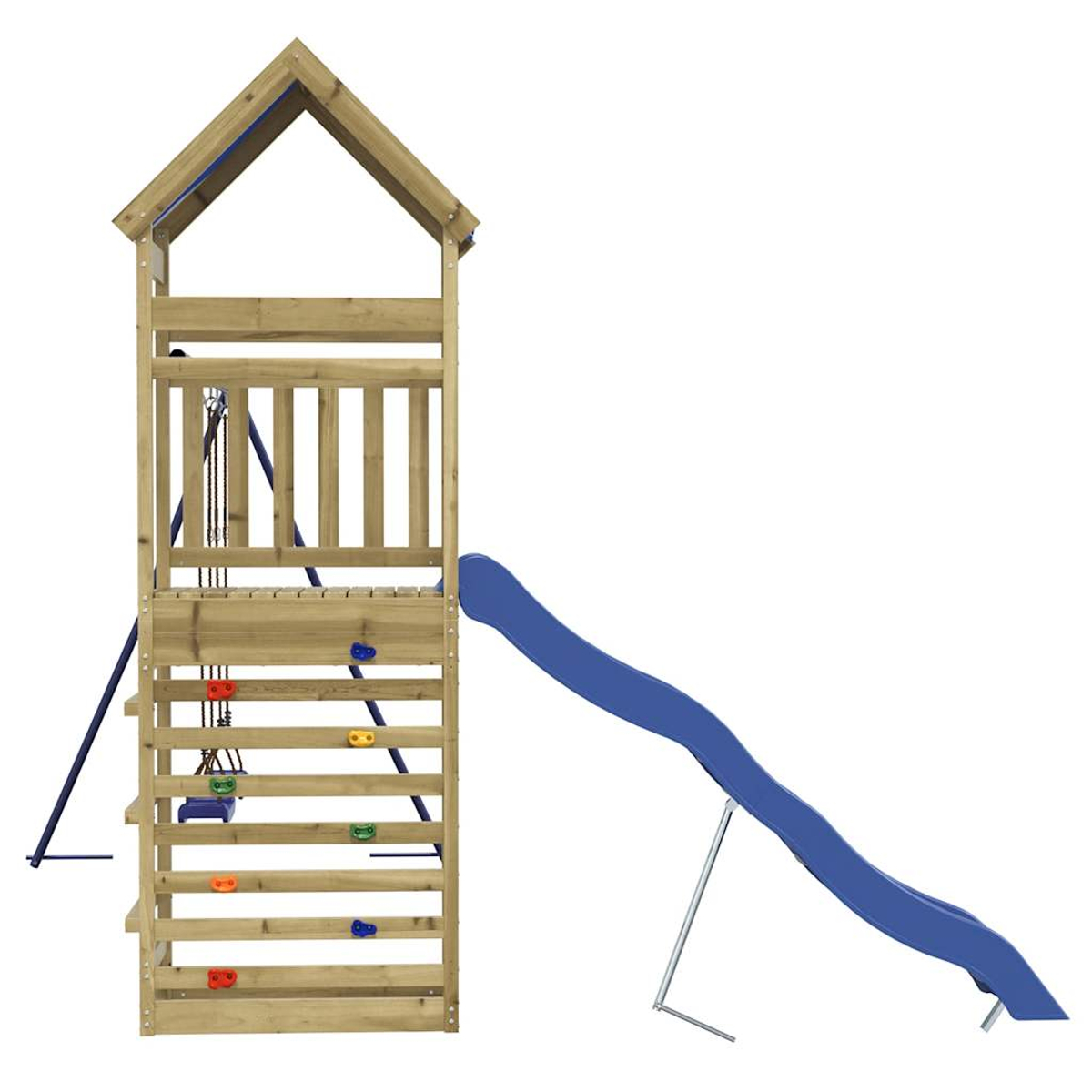Torre da gioco in legno con scivolo, parete da arrampicata e altalena. Sfondo bianco.