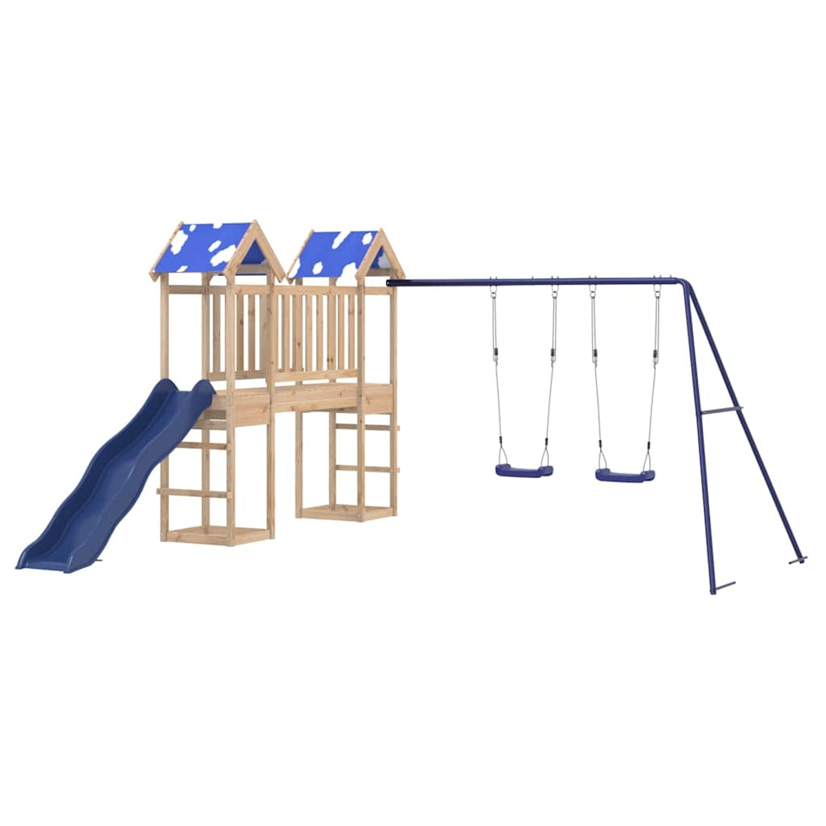 Holzspielturm mit blauer Rutsche und Schaukeln.