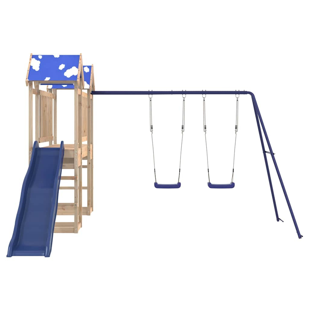 Ein Spielturm mit Rutsche und zwei Schaukeln, blau und weiß.