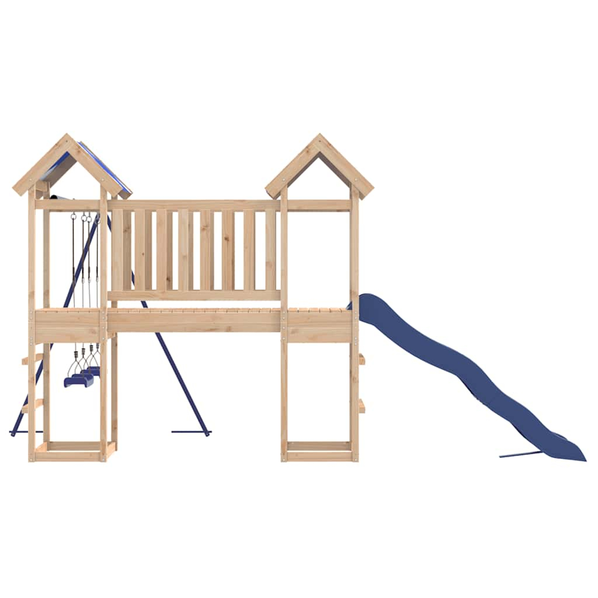 Holzspielturm mit Rutsche und Schaukeln.