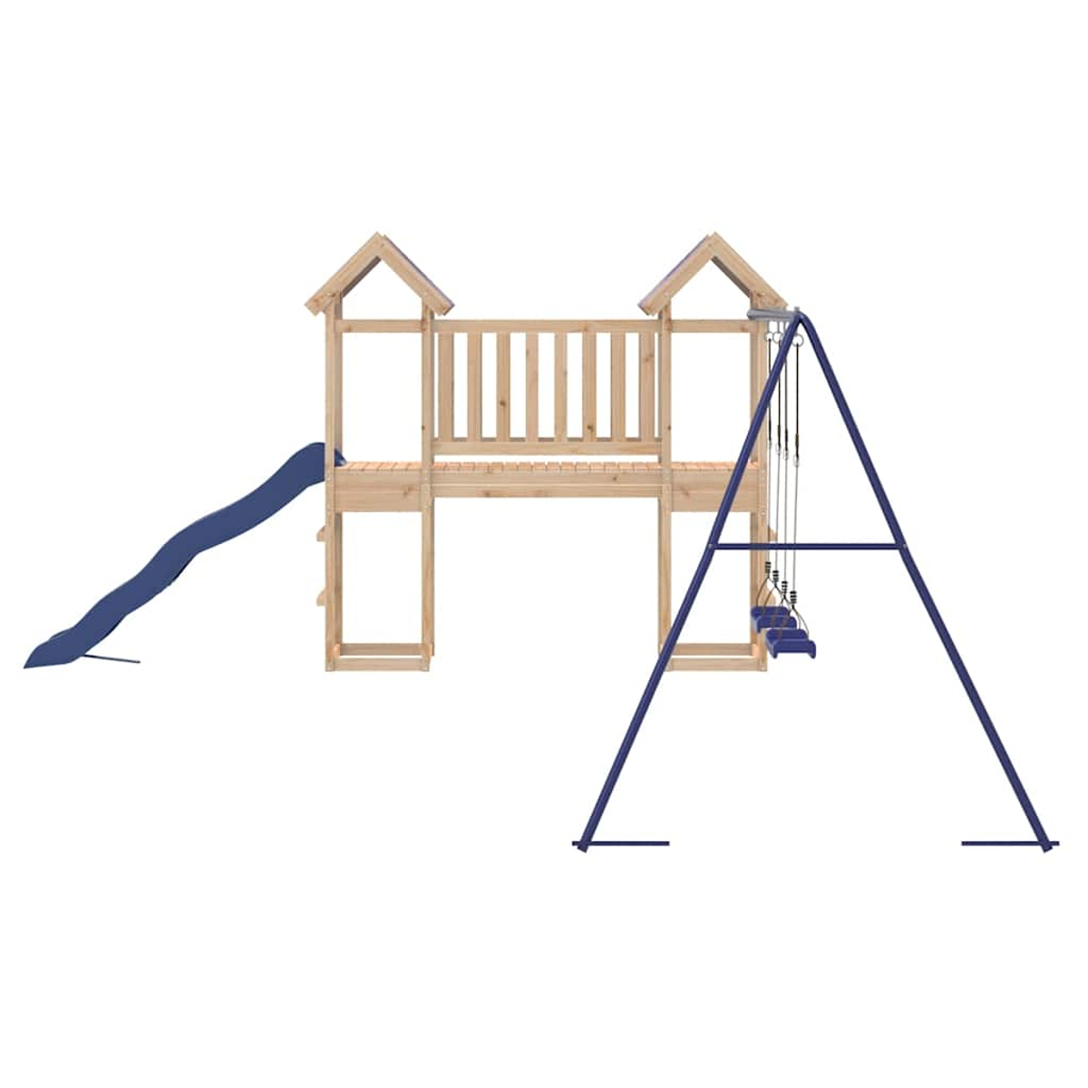 Ein hölzerner Spielturm mit Rutsche und Schaukeln.
