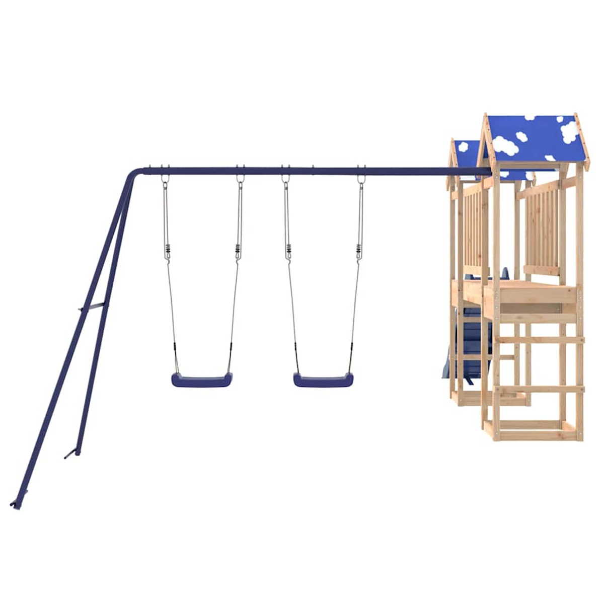 Ein Holzspielturm mit zwei Schaukeln und einer blauen Dachbedeckung mit Wolken.