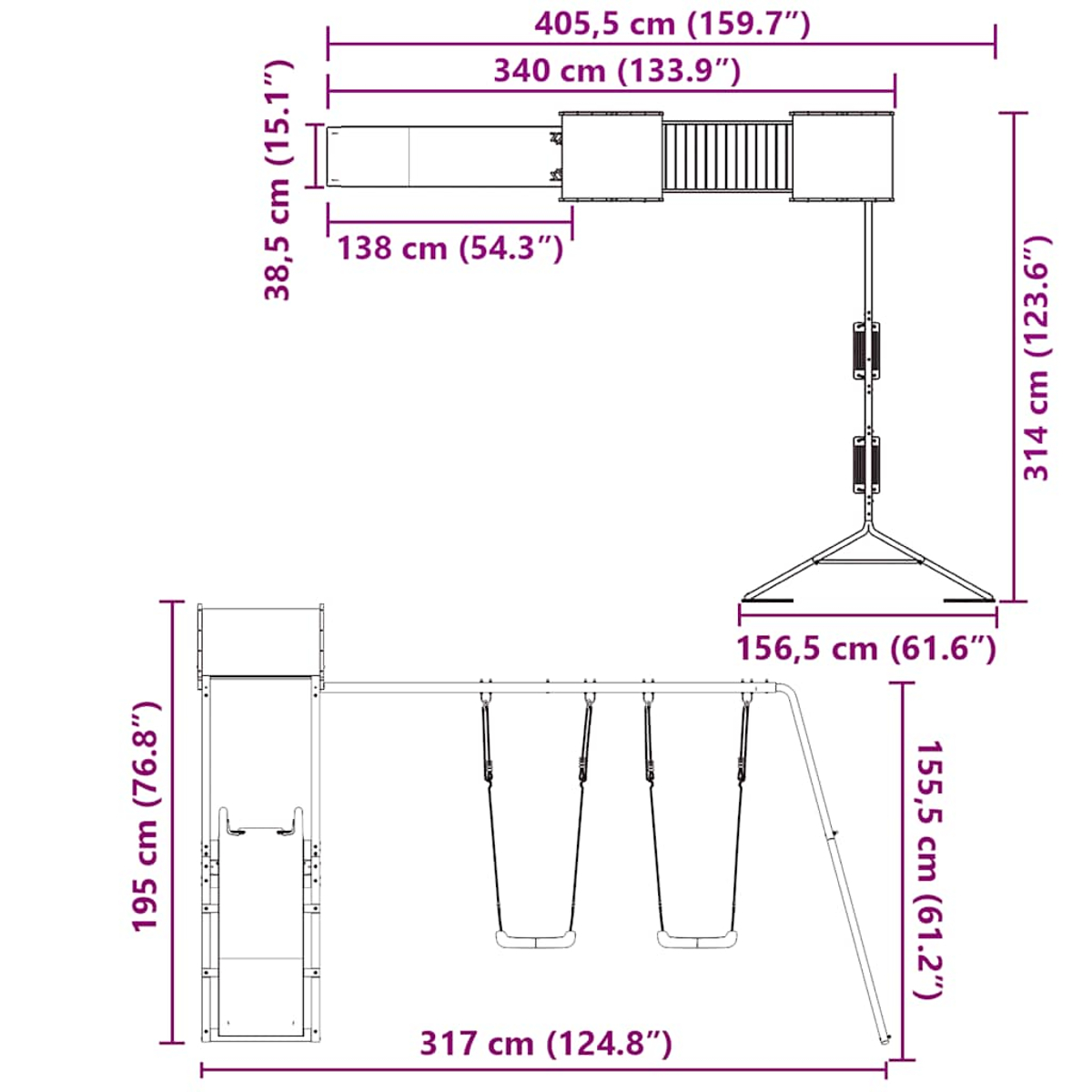 Diagramm einer Spielplatzgarnitur mit Schaukeln, Rutsche und Maßen.