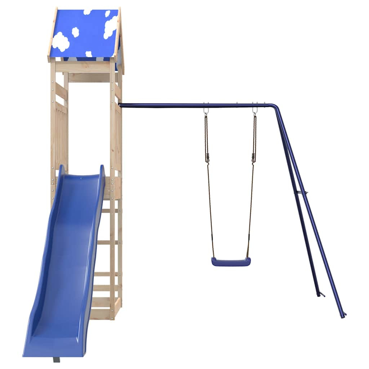 Ein Holzspielturm mit blauer Rutsche, Schaukel und Wolkendach.