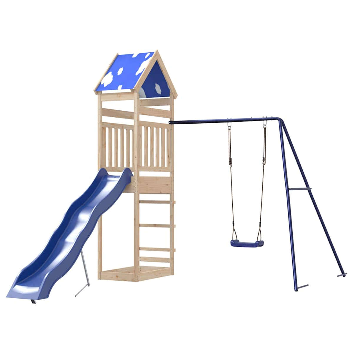Holzspielturm mit blau-weißer Dachabdeckung, Rutsche und Schaukel.