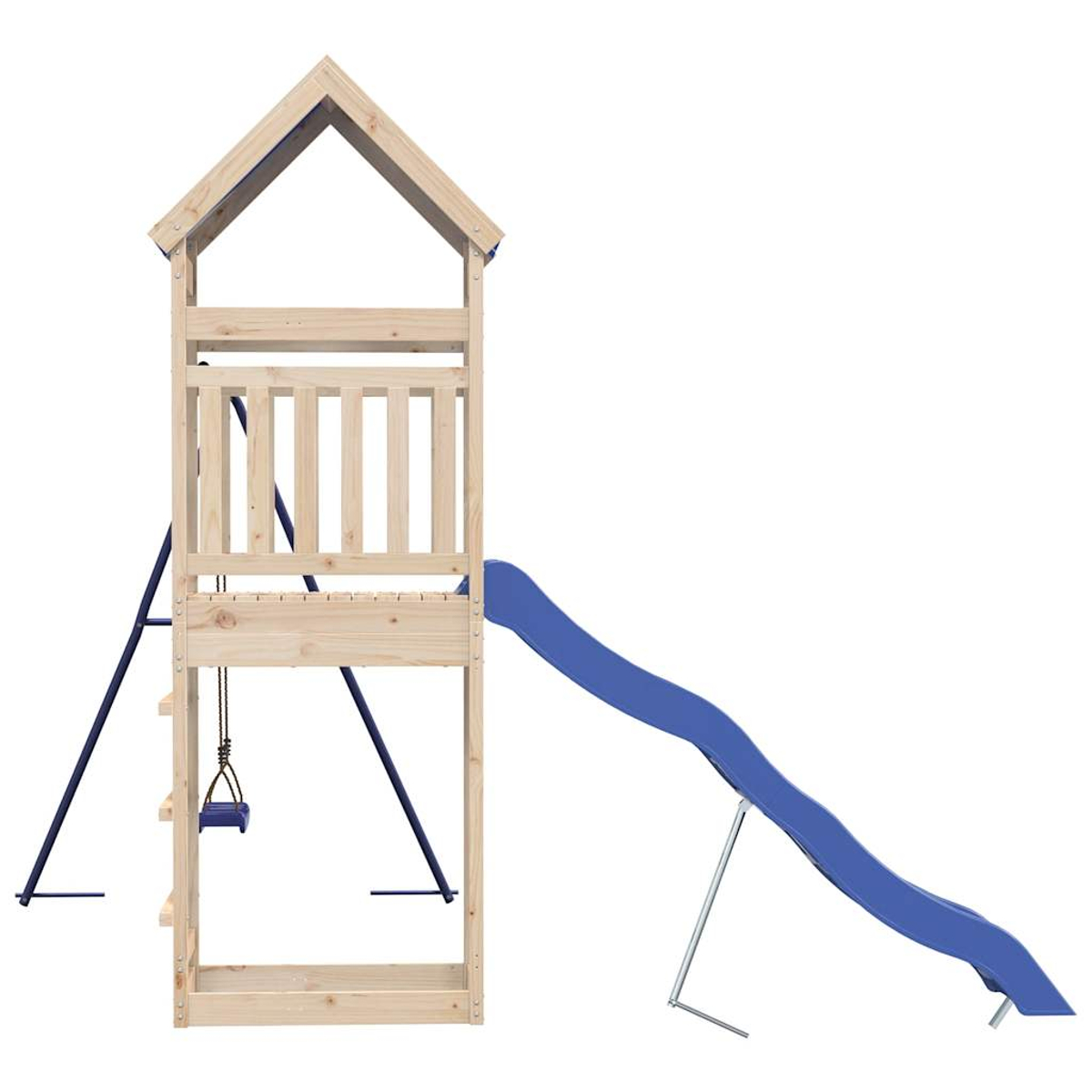 Holzspielturm mit blauer Rutsche, Schaukel und Leiter.