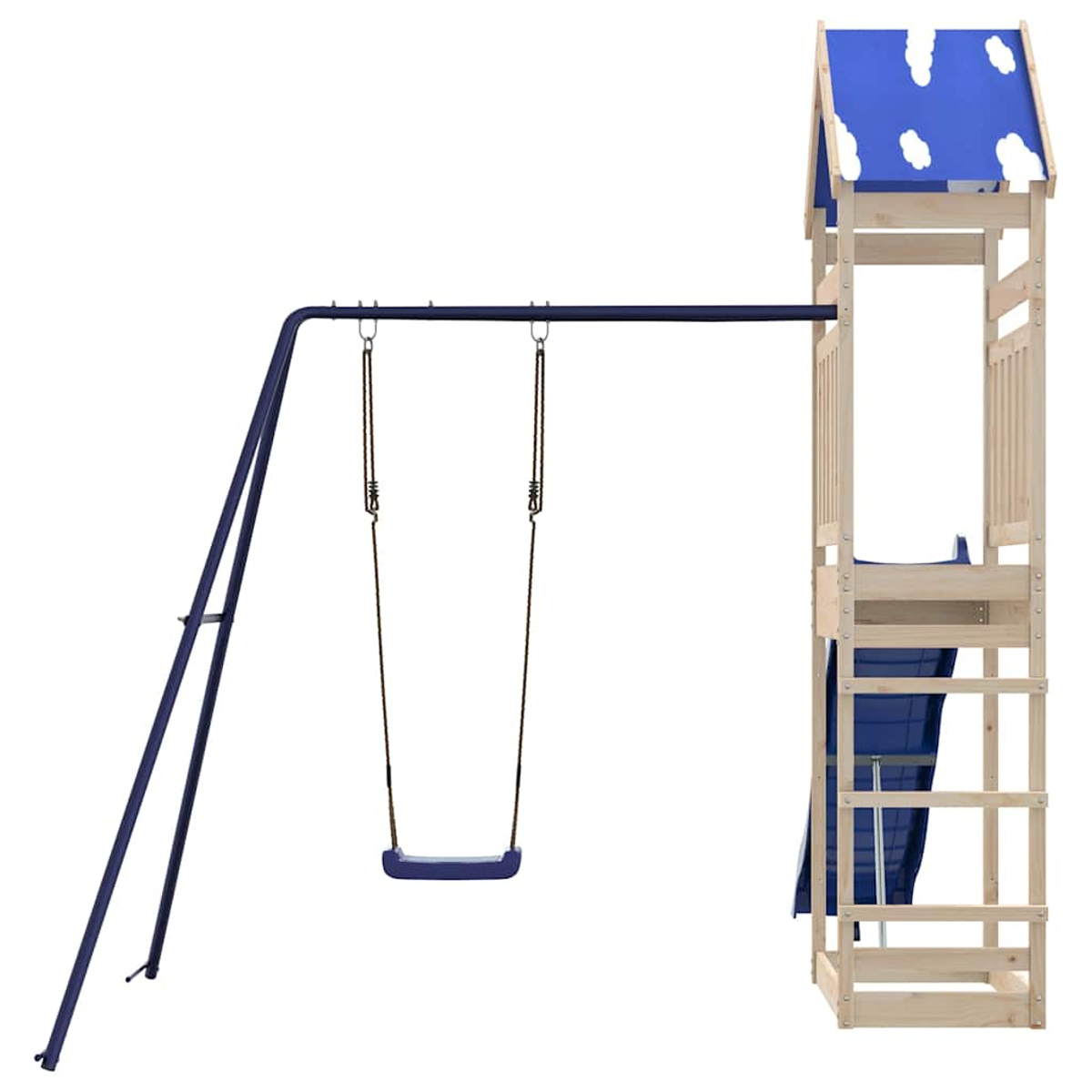 Ein blaues Schaukelsitz mit zwei Seilen hängt an einem Metallgestell neben einer Holzrutsche.