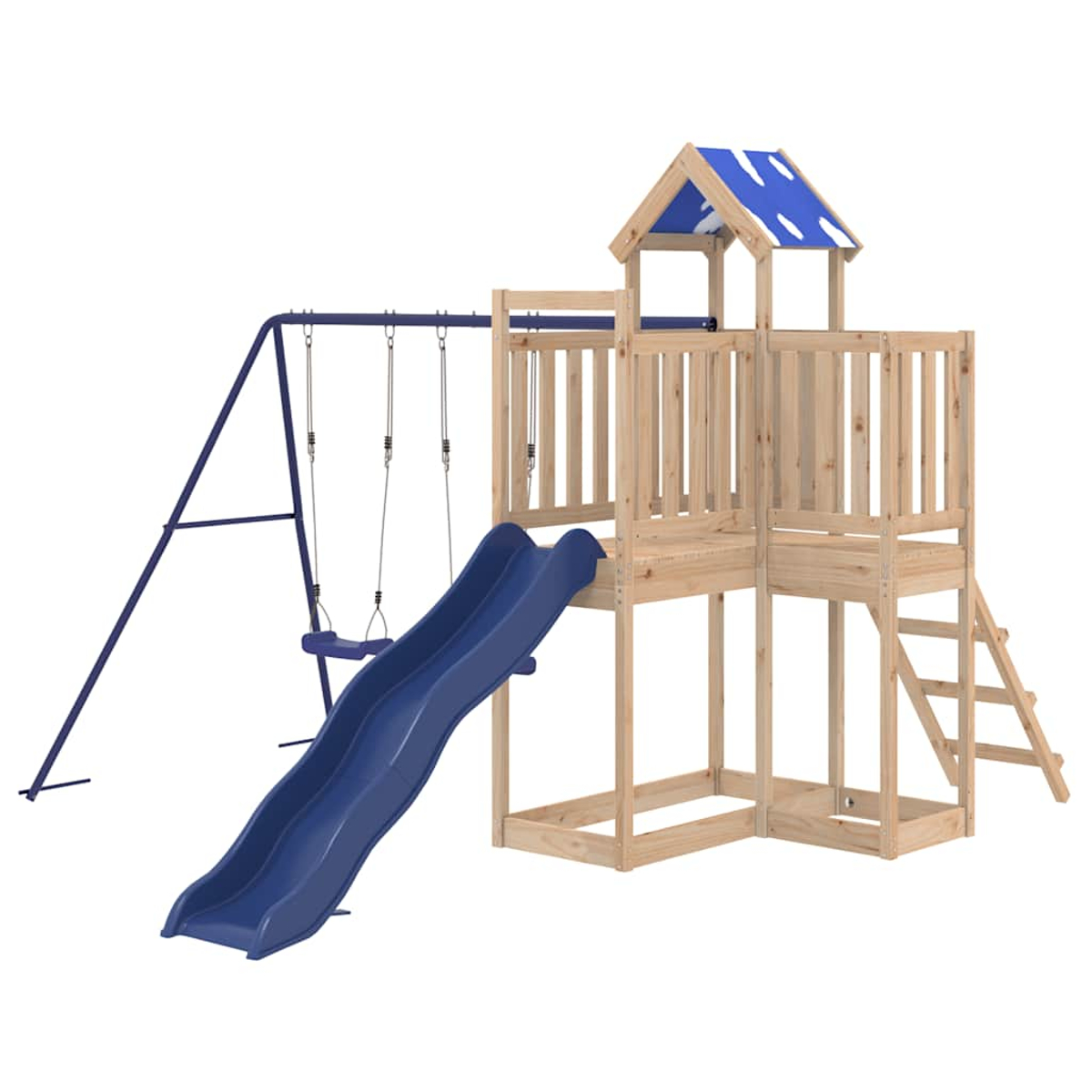 Struttura gioco in legno con tetto blu, scivolo e altalena.