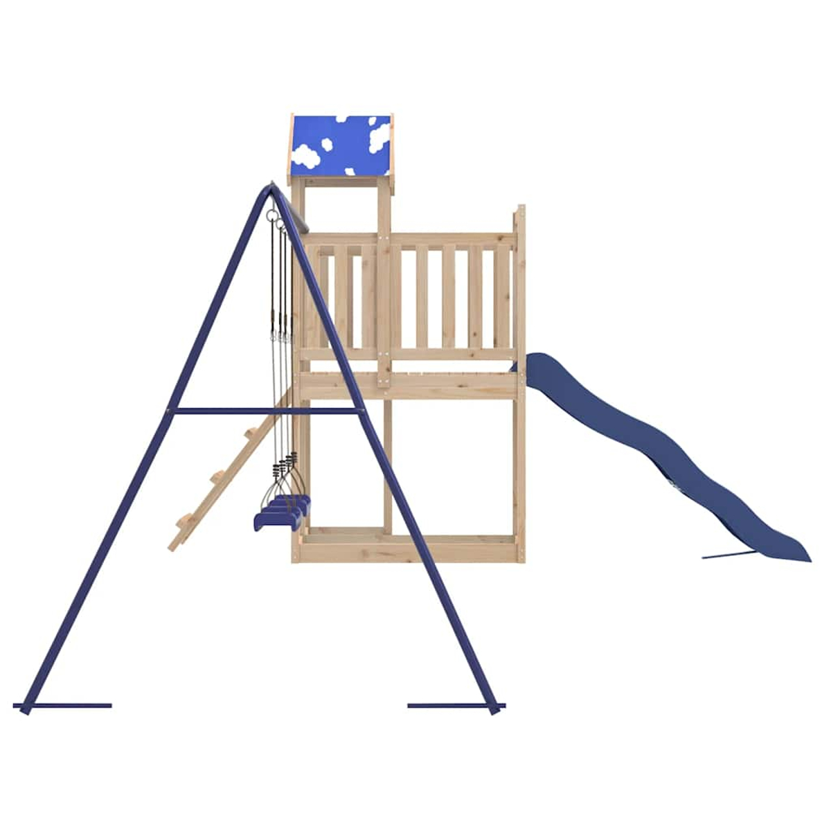 Struttura gioco in legno con scivolo e altalene blu su sfondo bianco.