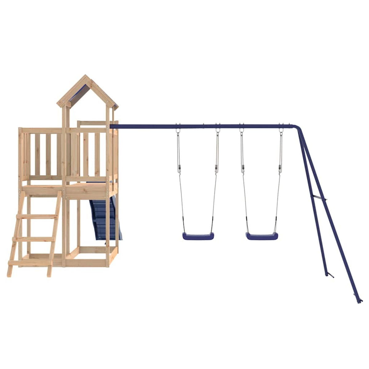 Casa giochi in legno con scala, scivolo e due altalene blu su telaio blu.