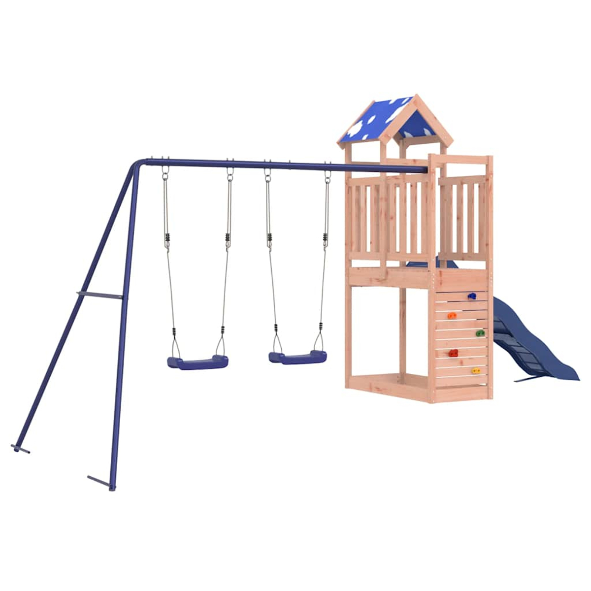 Ein Spielturm aus Holz mit Schaukeln, Rutsche und Kletterwand auf weißem Hintergrund.