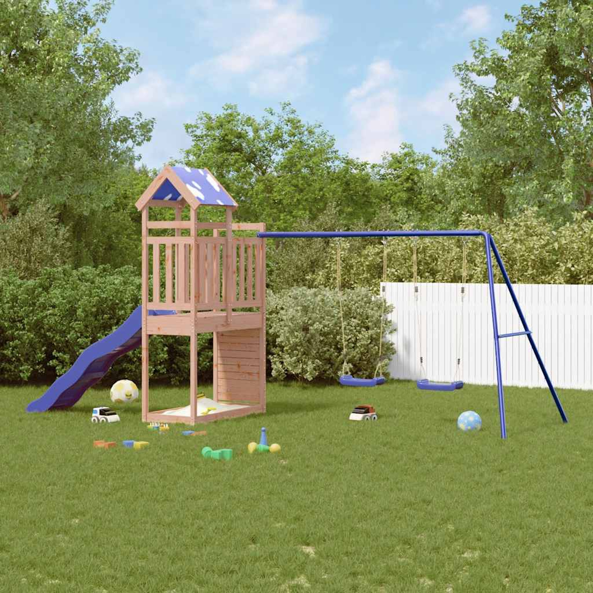 Holzspielturm mit Rutsche, Schaukeln und Sandkasten im Garten.