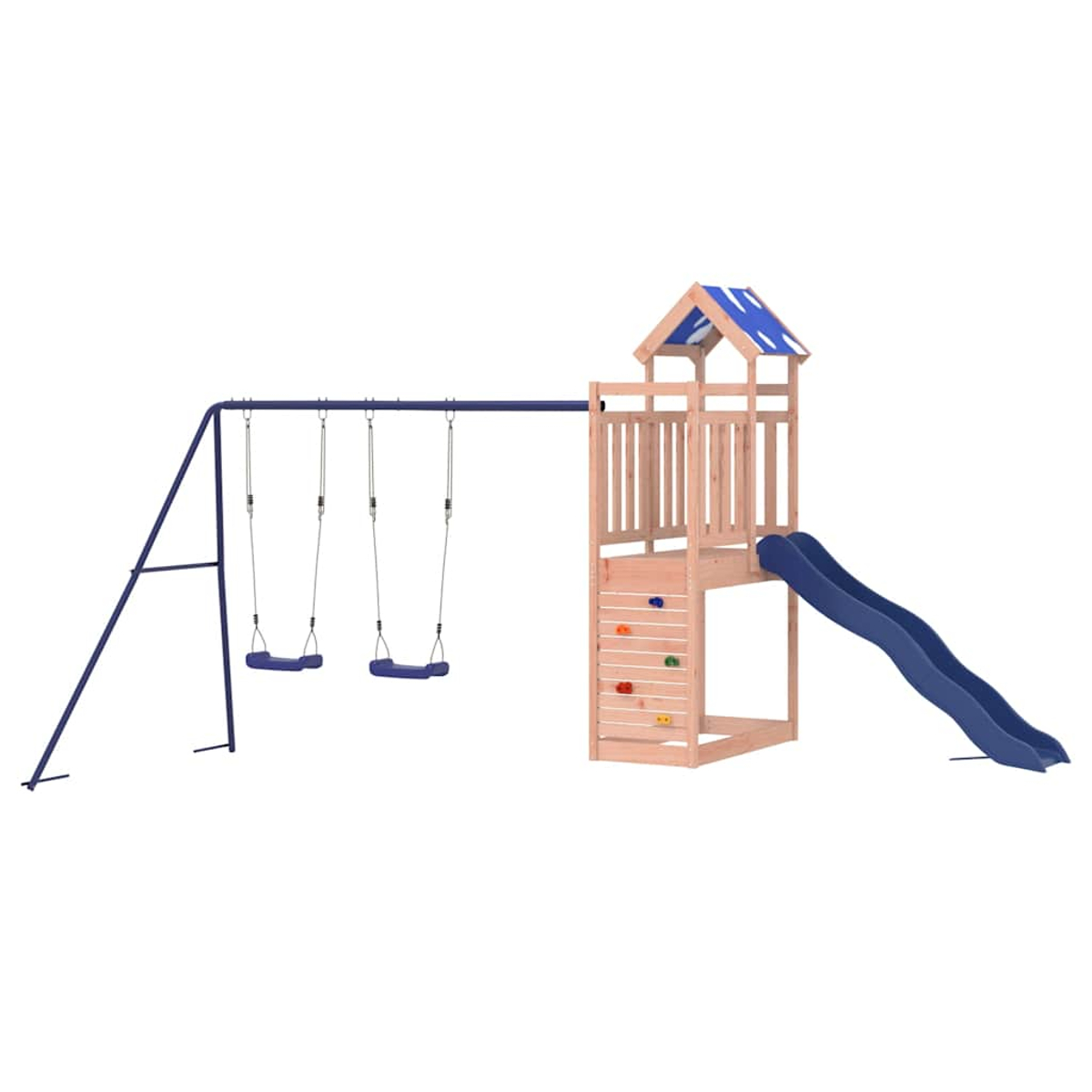 Ein Holzspielturm mit blauem Dach, Rutsche, Schaukeln und Kletterwand.