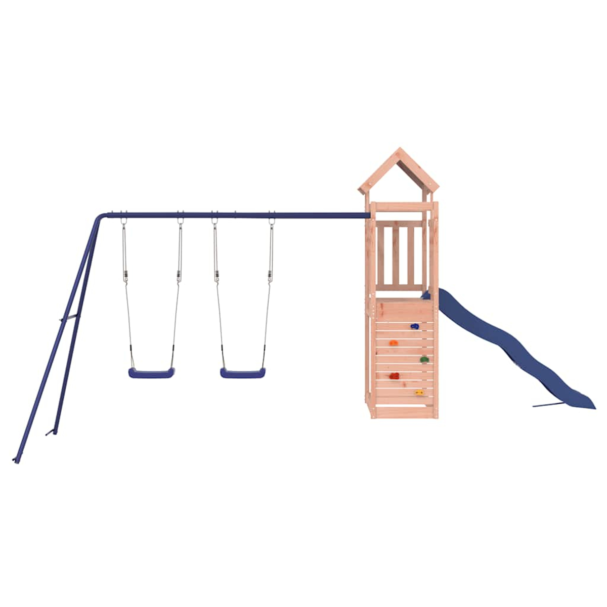 Ein Spielturm mit Schaukeln, Rutsche und Kletterwand.
