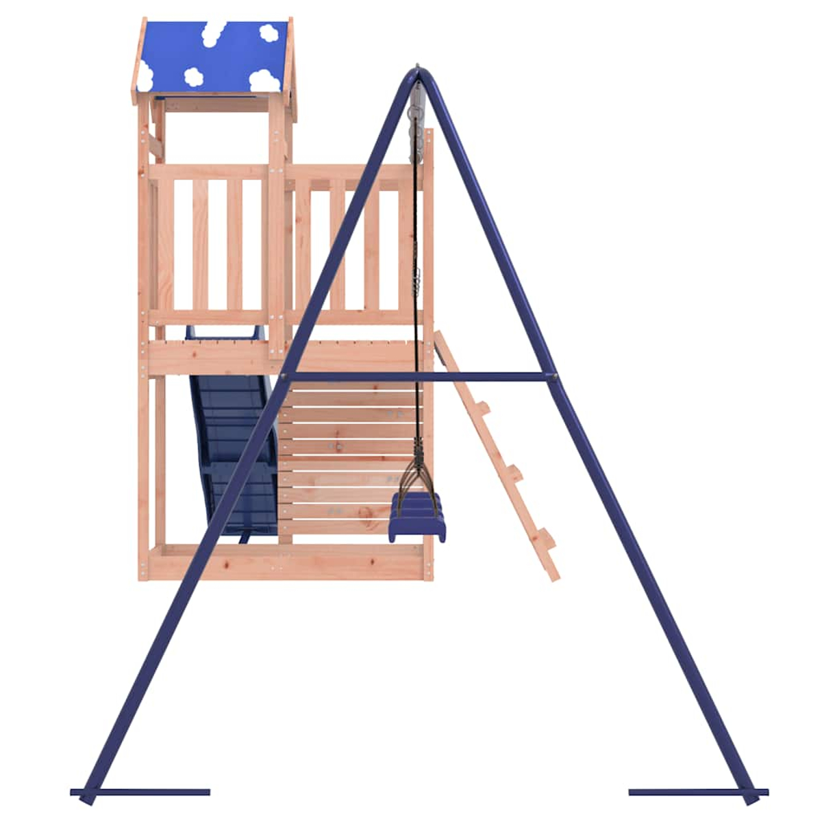 Struttura gioco in legno con scivolo, altalena e tetto blu. Sfondo bianco.