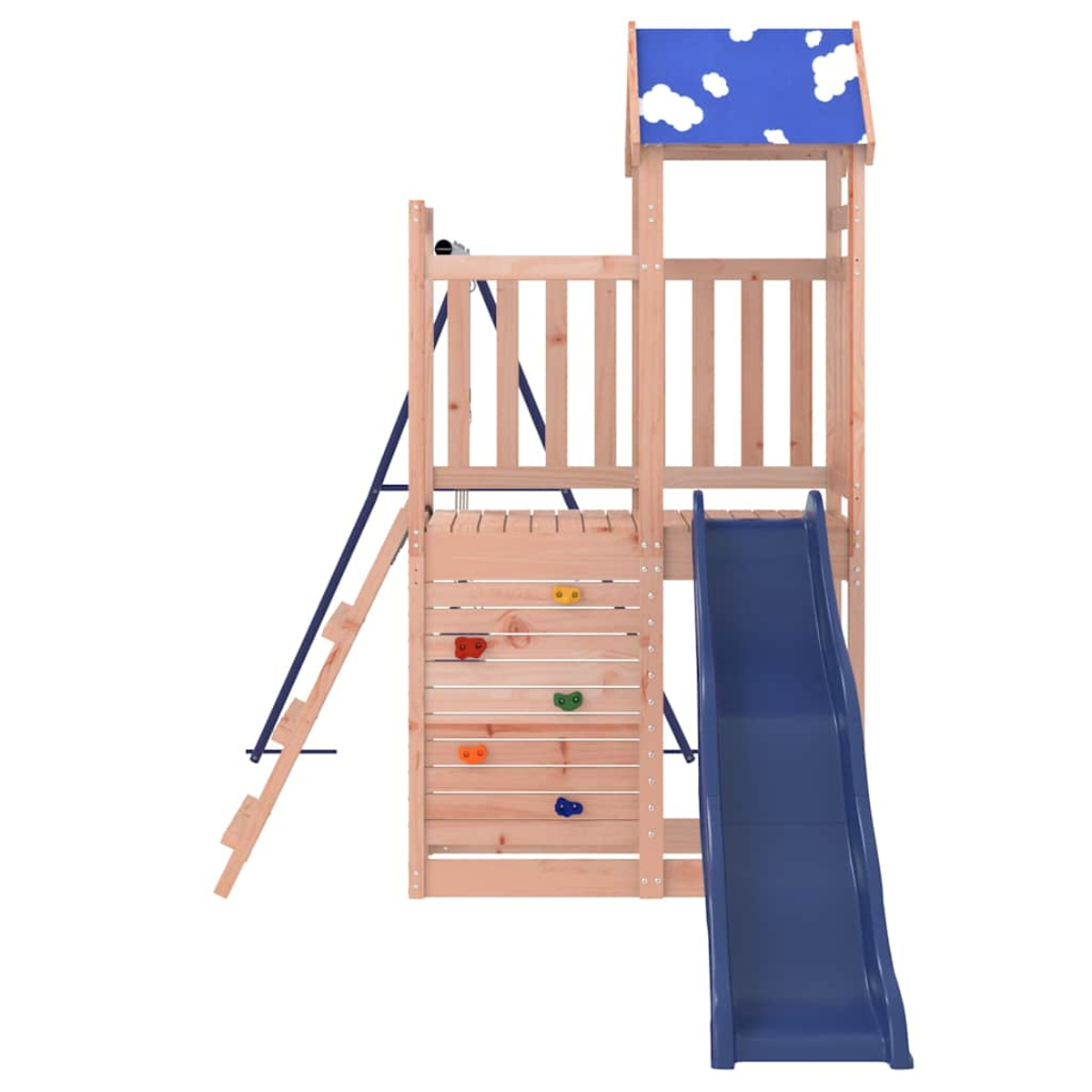 Parco giochi in legno con scivolo, parete da arrampicata e scala. Tetto blu con nuvole.