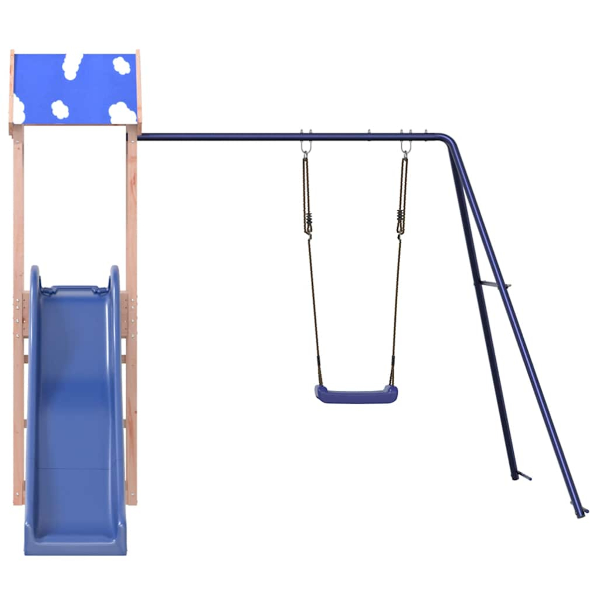 Eine blaue Rutsche und Schaukel sind auf einem weißen Hintergrund zu sehen.