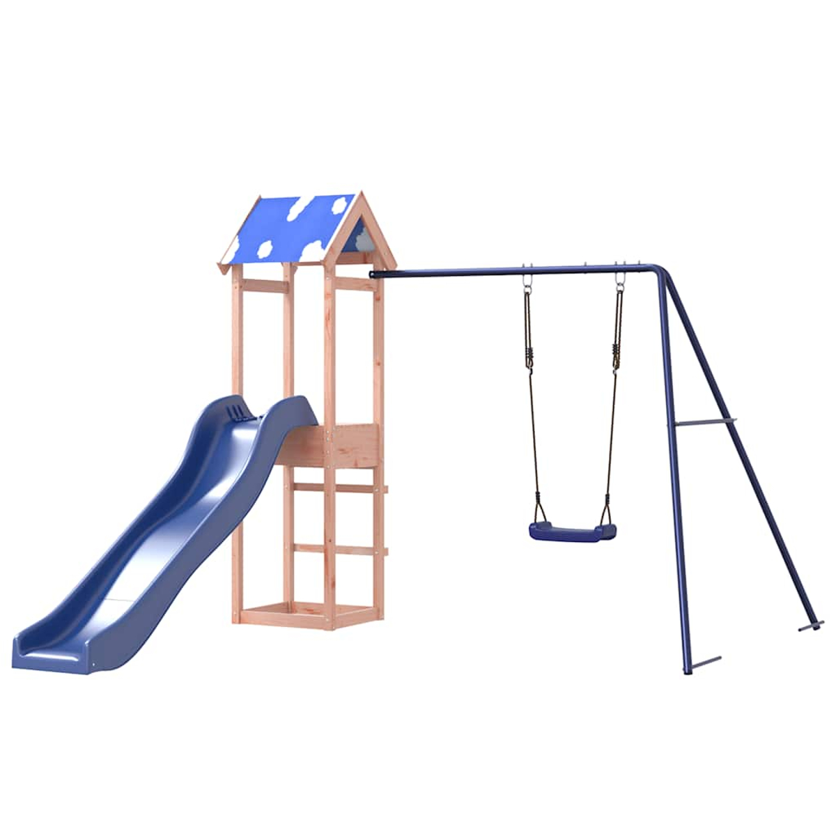 Holzspielturm mit blauer Rutsche, Schaukel und Wolkendach.