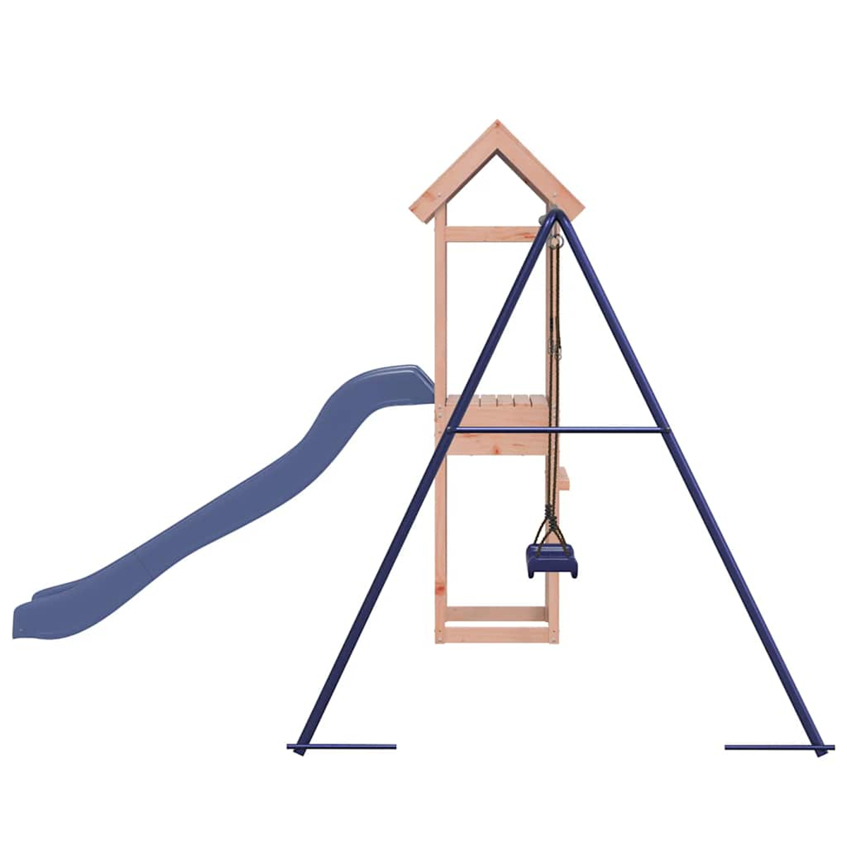 Ein Holzspielturm mit blauer Rutsche und Schaukel vor weißem Hintergrund.