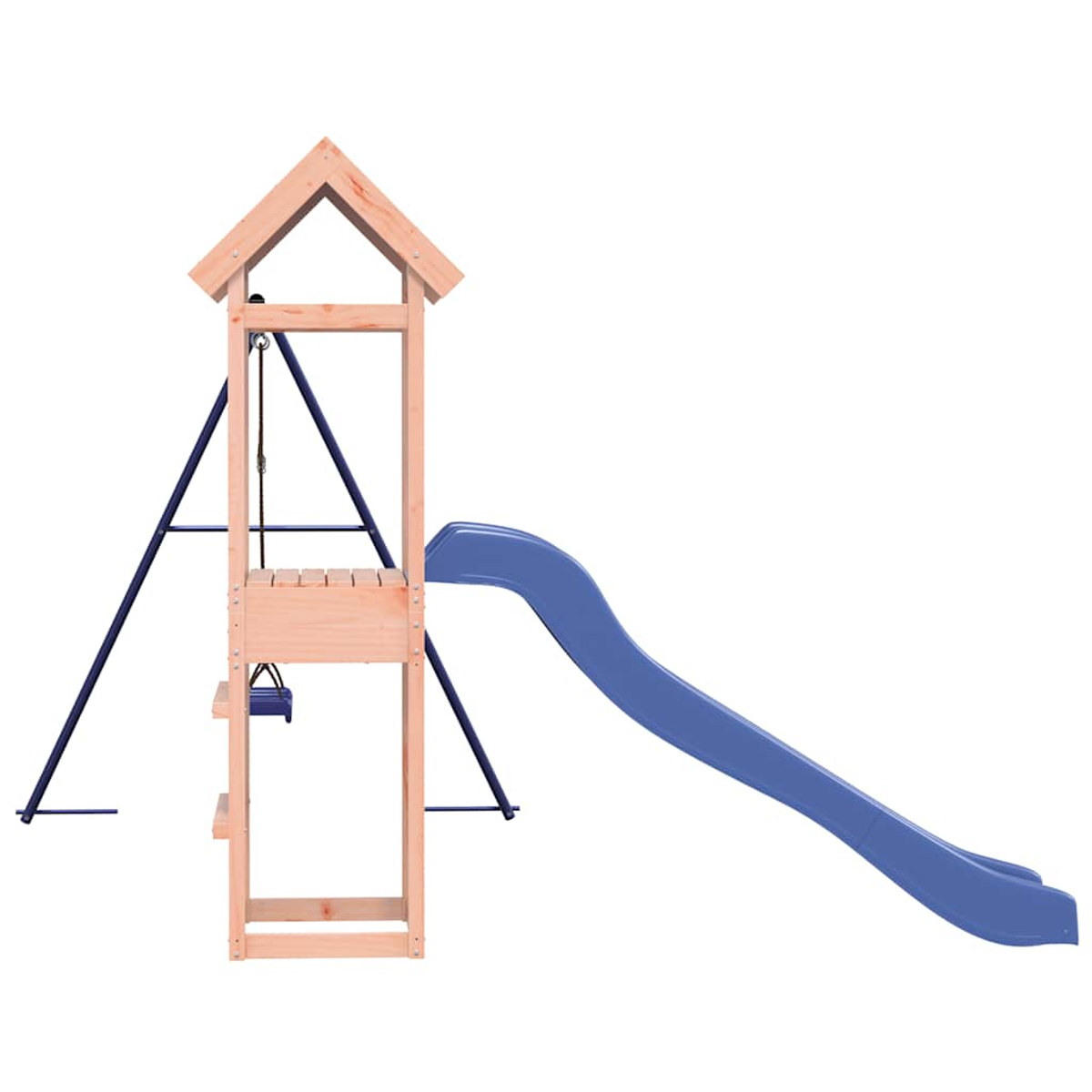 Holz-Spielturm mit blauem Rutsche und Schaukel.
