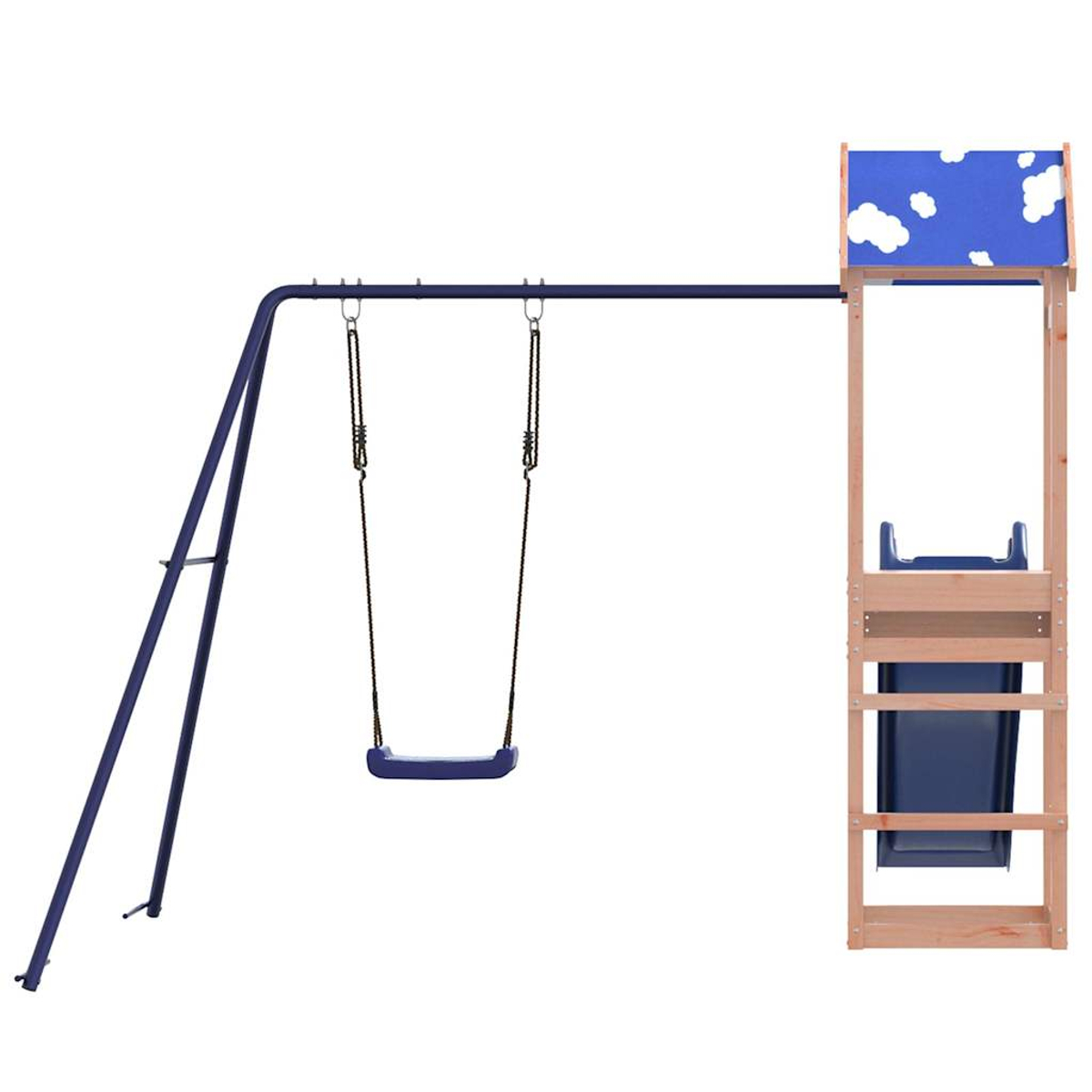 Ein blauer Schaukelsitz hängt an einem dunklen Metallgestell neben einer Holzrutsche.