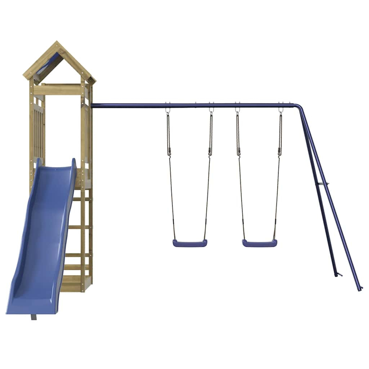 Ein Holzspielturm mit Rutsche und zwei Schaukeln vor weißem Hintergrund.