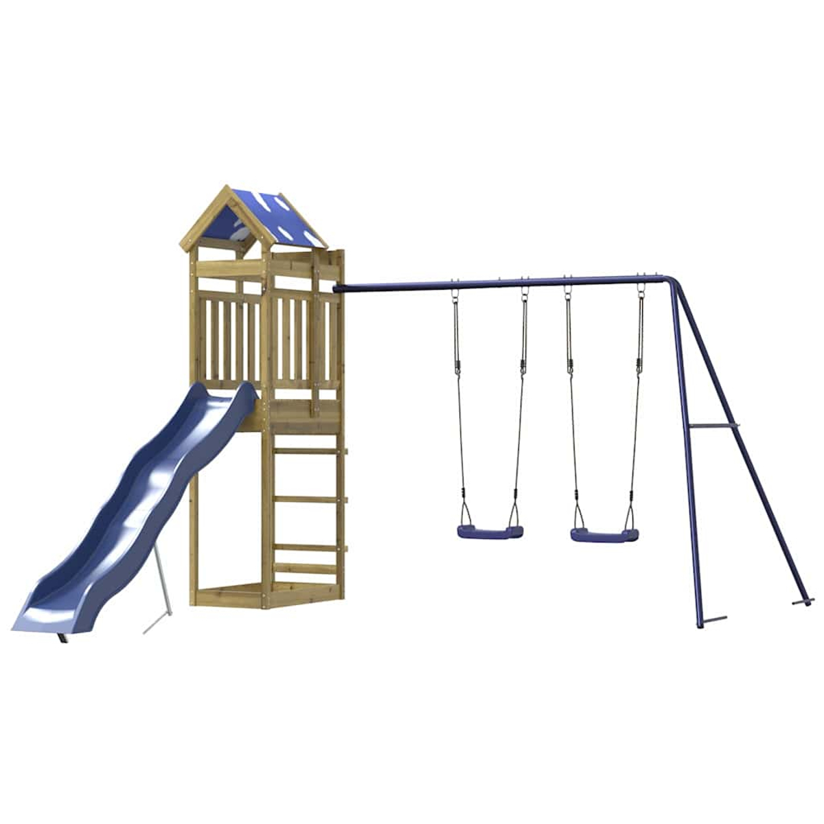 Holzspielturm mit blauer Rutsche und zwei Schaukeln.
