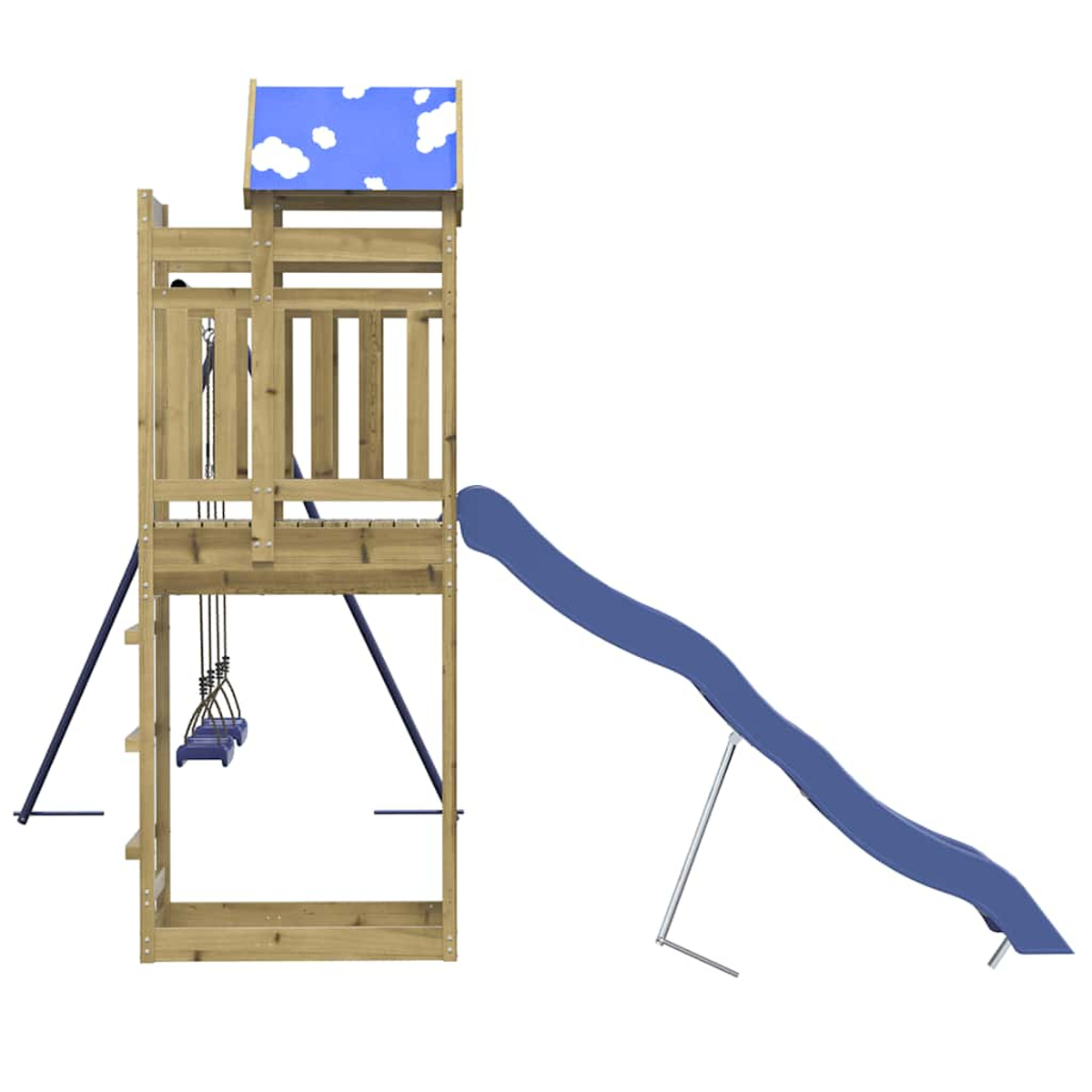 Holzspielturm mit Rutsche, Schaukeln und blauem Dach mit Wolken.
