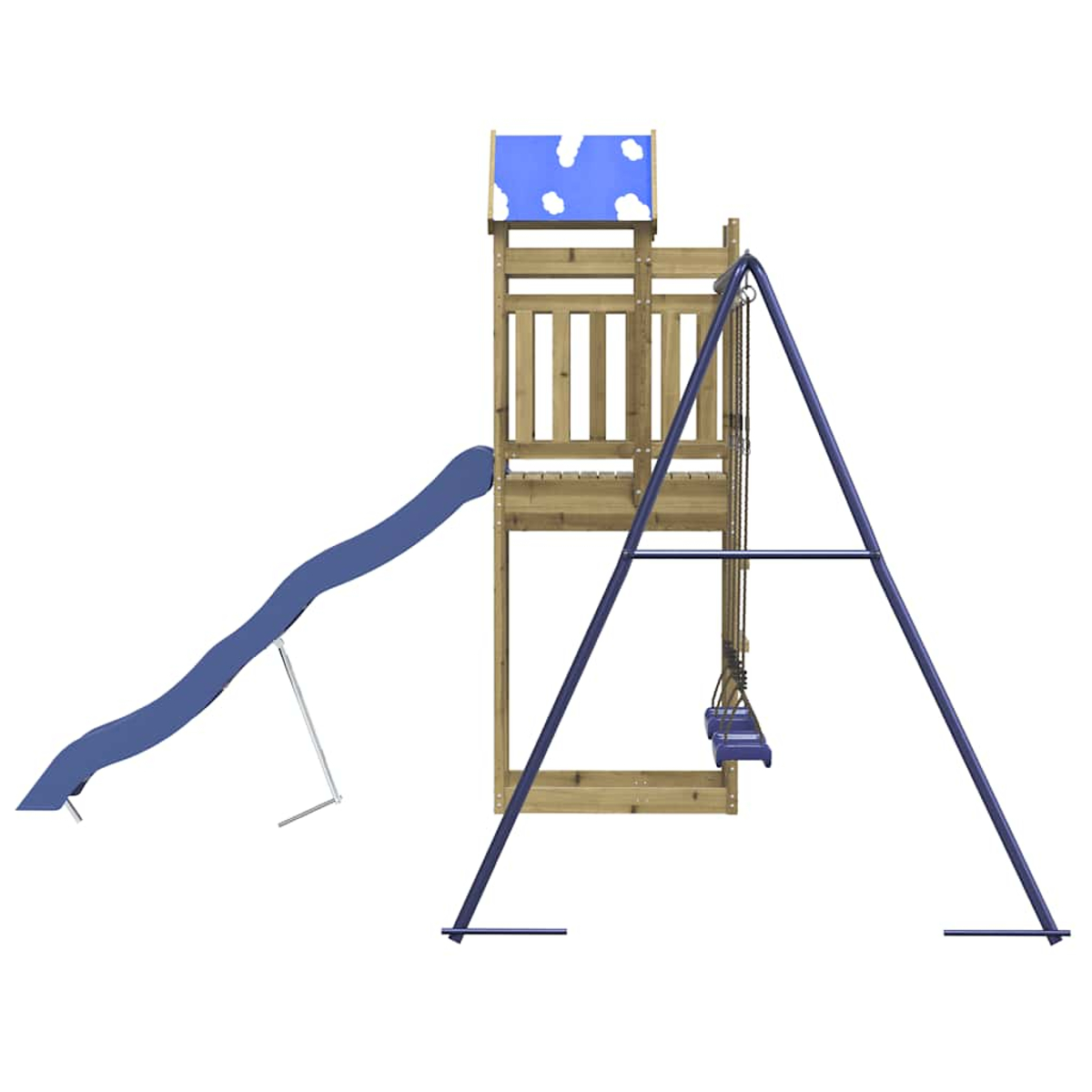 Holzspielturm mit blauer Rutsche und Schaukel. Weiße Wolken auf blauem Dach.