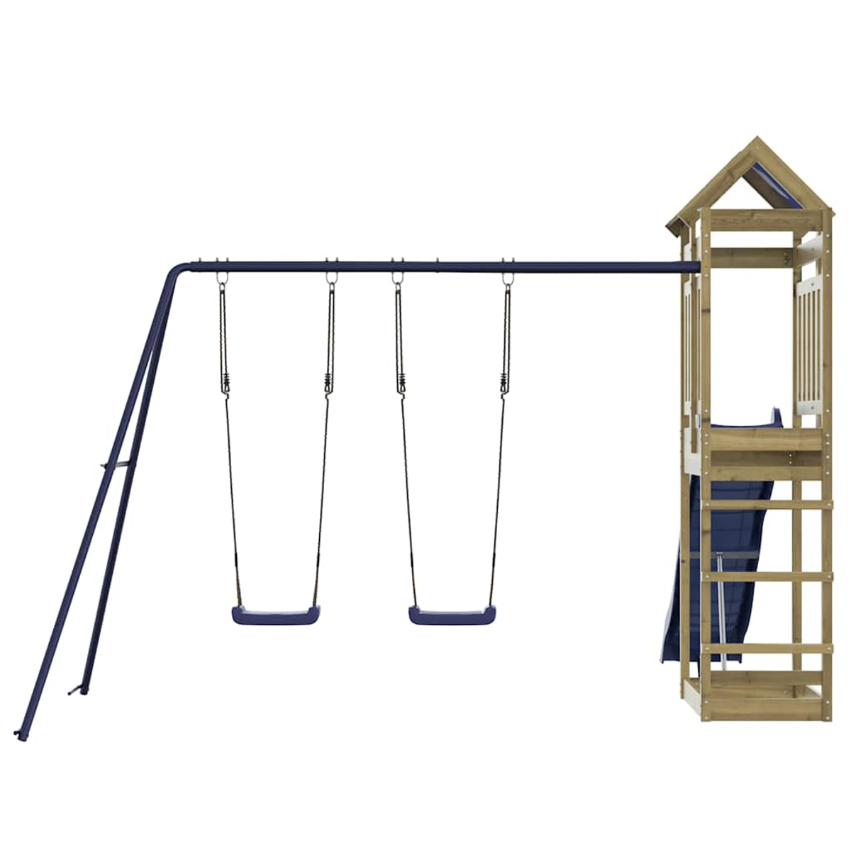 Ein Holzspielturm mit Rutsche und zwei blauen Schaukeln an einem blauen Metallgestell.