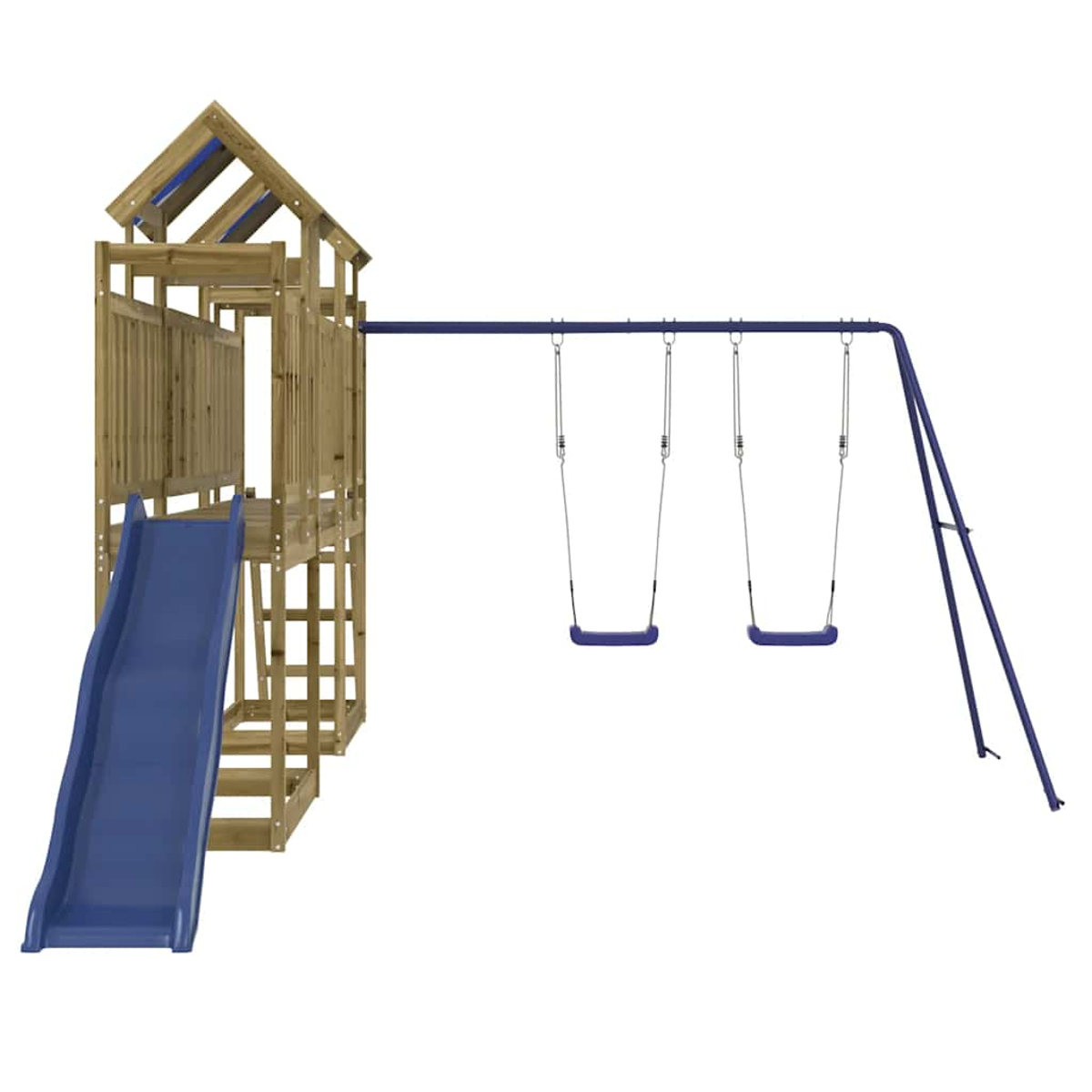 Casolare di legno con scivolo blu e due altalene.