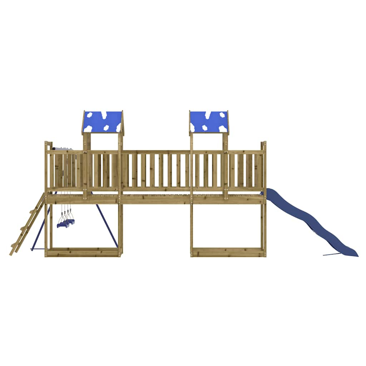 Struttura gioco in legno con scivolo blu, altalene e scala.
