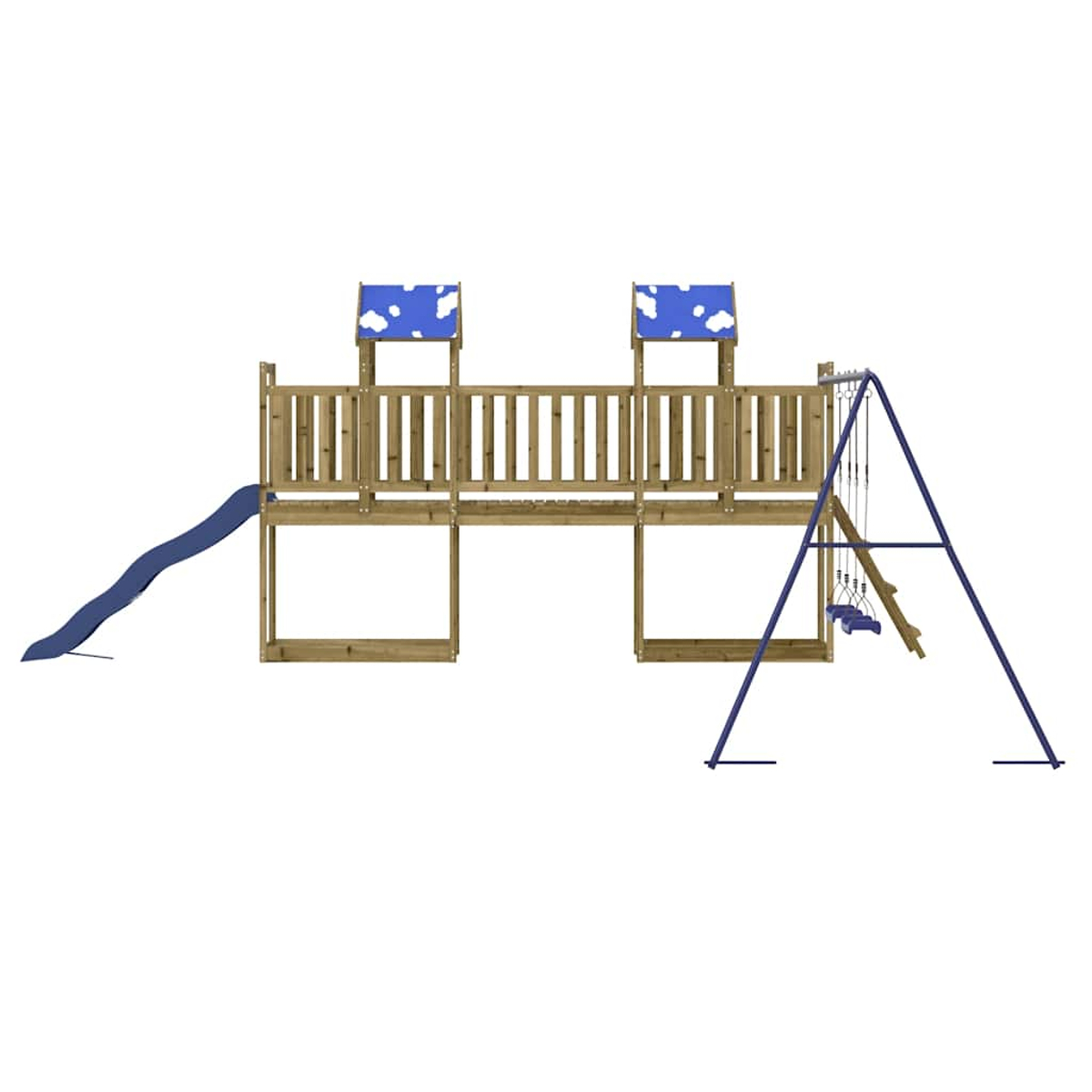 Torre da gioco in legno con scivolo e altalena, tetti blu con nuvole.