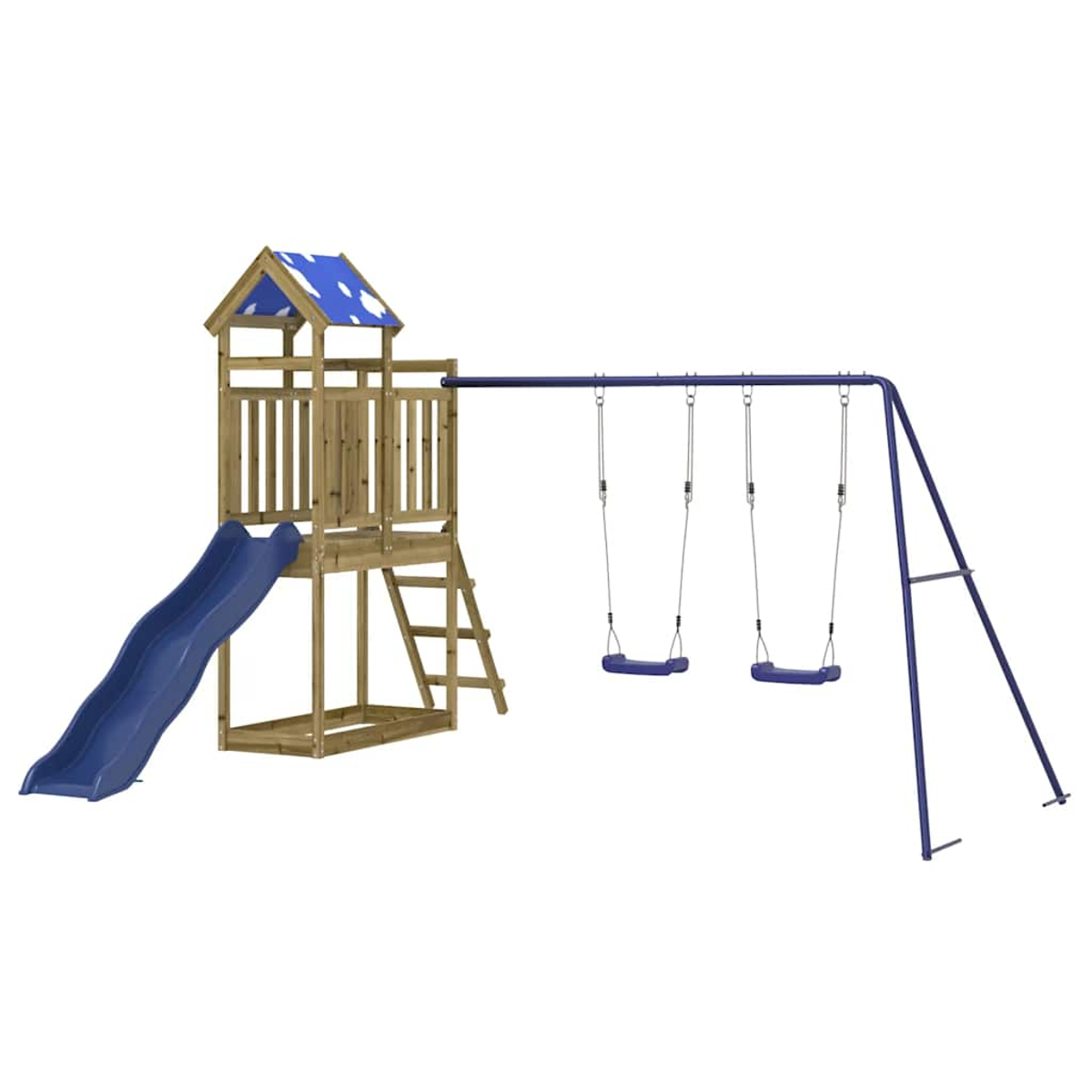 Holzspielturm mit Rutsche, Leiter und zwei Schaukeln auf blauem Gestell.