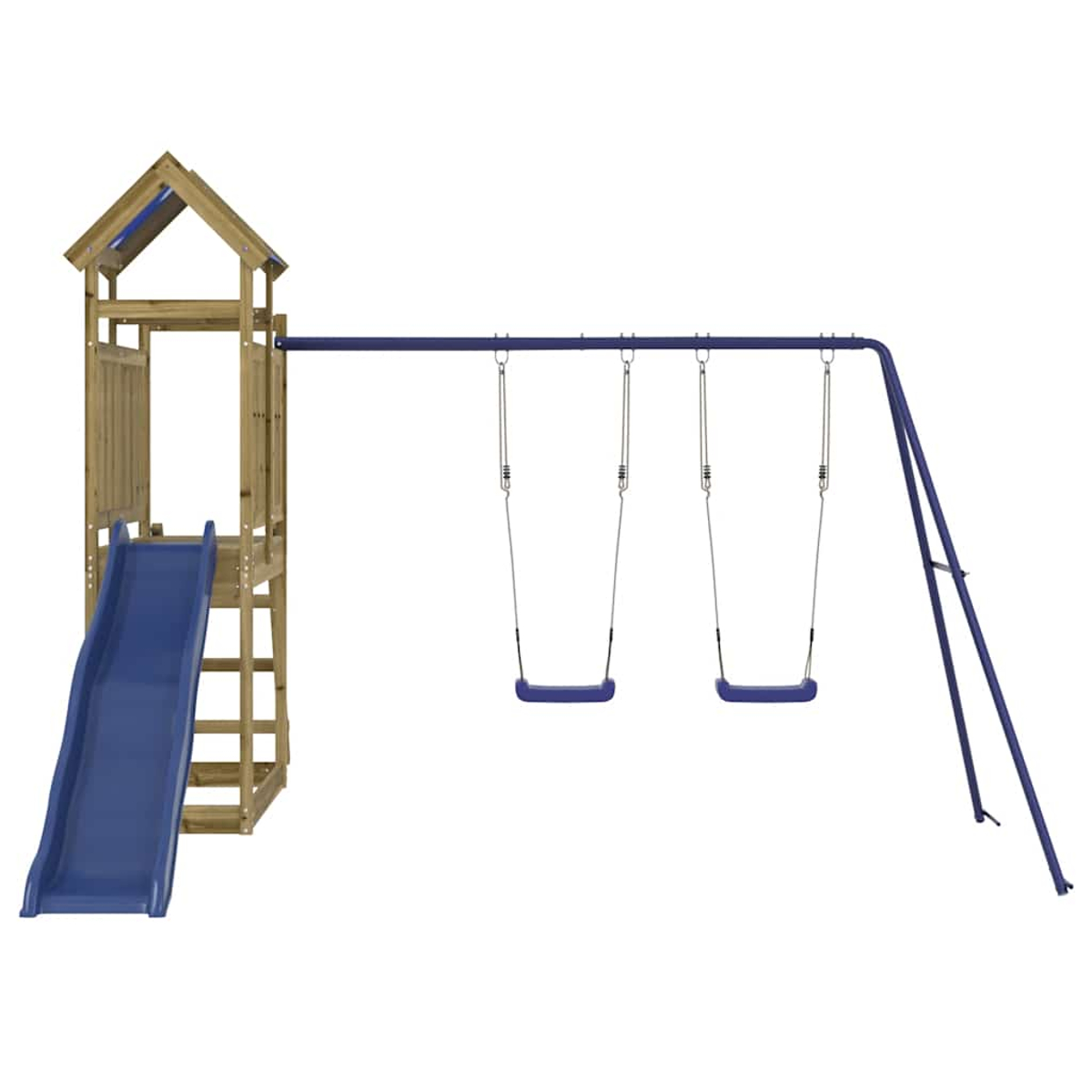 Ein Holzspielturm mit Rutsche und zwei Schaukeln.
