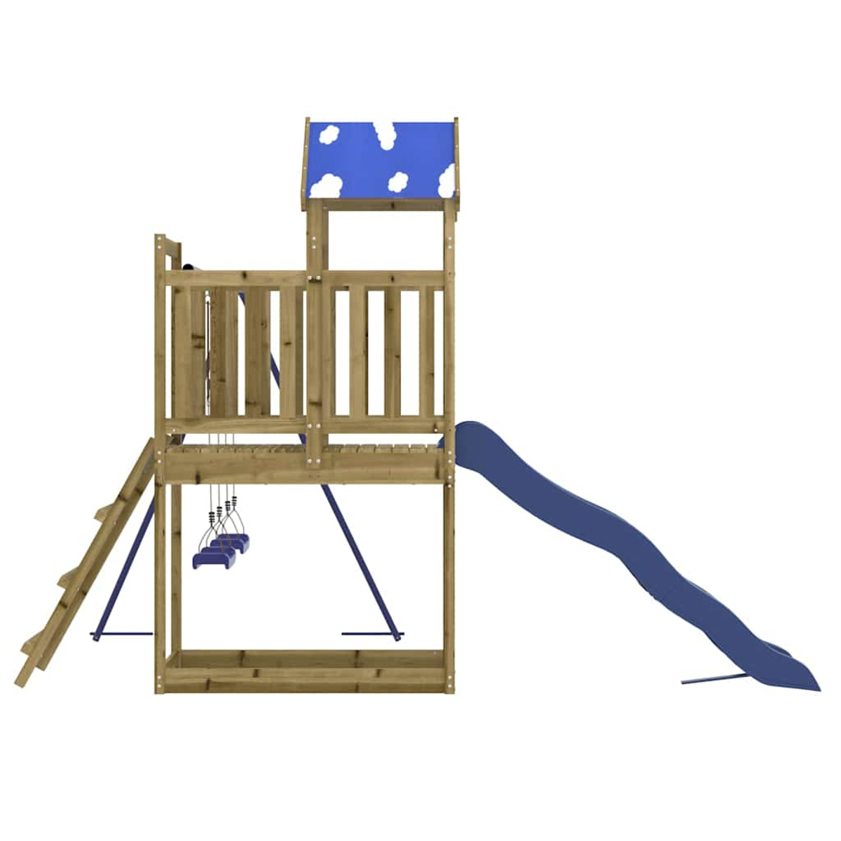 Ein Holzspielturm mit Rutsche, Schaukeln, Leiter und blauem Dach mit Wolken.