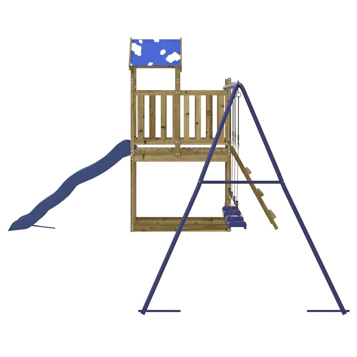 Ein Holzspielturm mit einer blauen Rutsche und Schaukeln.