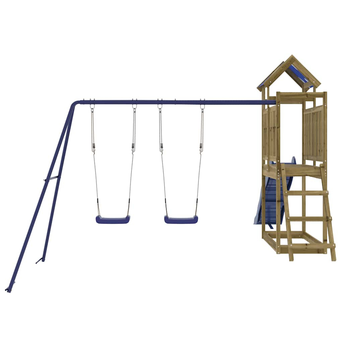 Ein Spielturm mit Schaukeln und Rutsche, Holz und Metall.