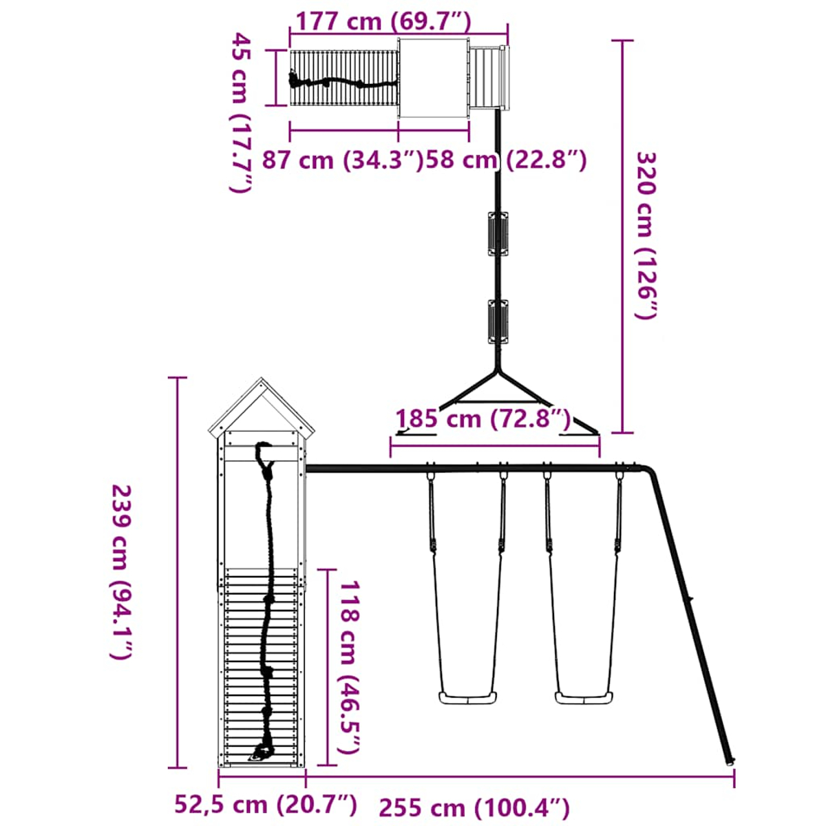 Piantina di una torre giochi con altalene e dimensioni.