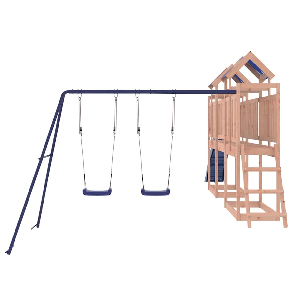 Ein Holzspielturm mit Schaukelgestell und blauen Schaukelsitzen.