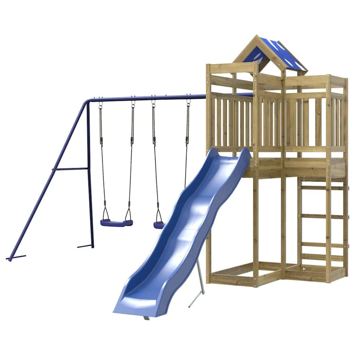 Ein Holzspielturm mit Rutsche, Schaukeln und Dach.