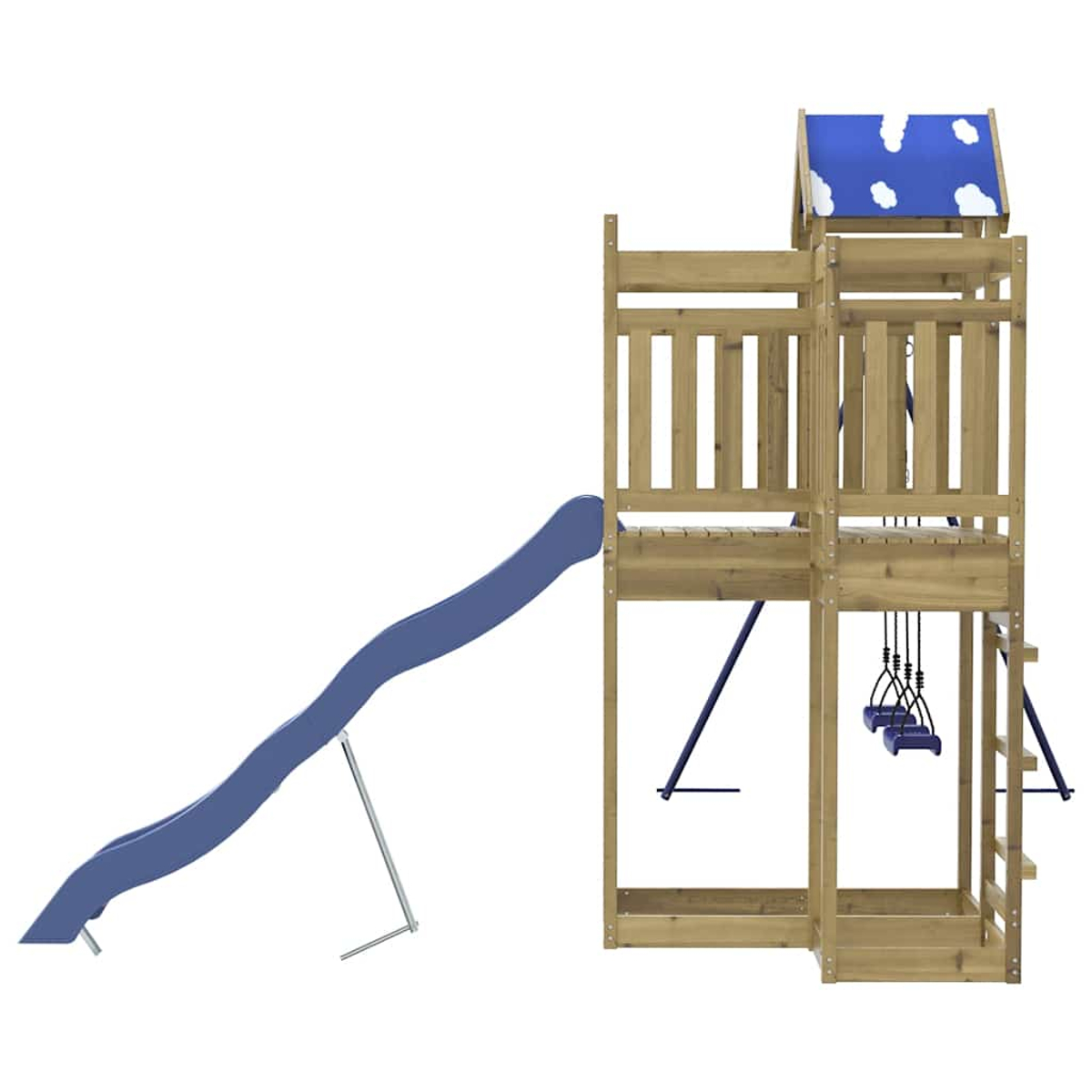 Holzspielturm mit blauer Rutsche, Schaukeln und Dach mit Wolkenmuster.