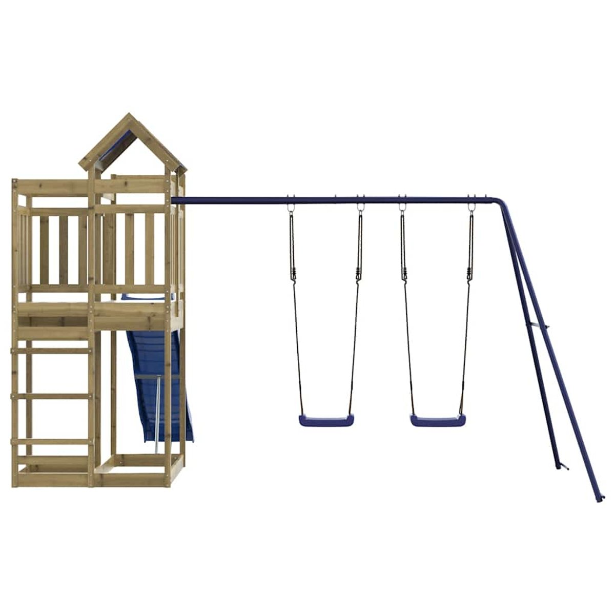 Ein hölzerner Spielturm mit zwei Schaukeln und einer Rutsche.