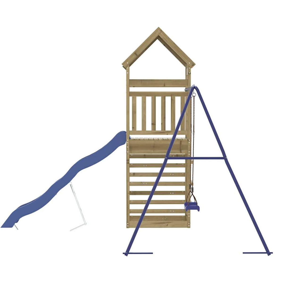 Casetta da gioco in legno con scivolo blu e altalena su sfondo bianco.
