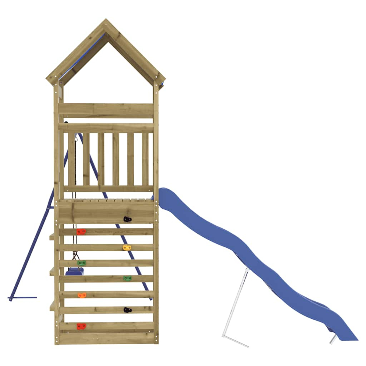 Torre gioco in legno con parete da arrampicata, scivolo e altalena su sfondo bianco.